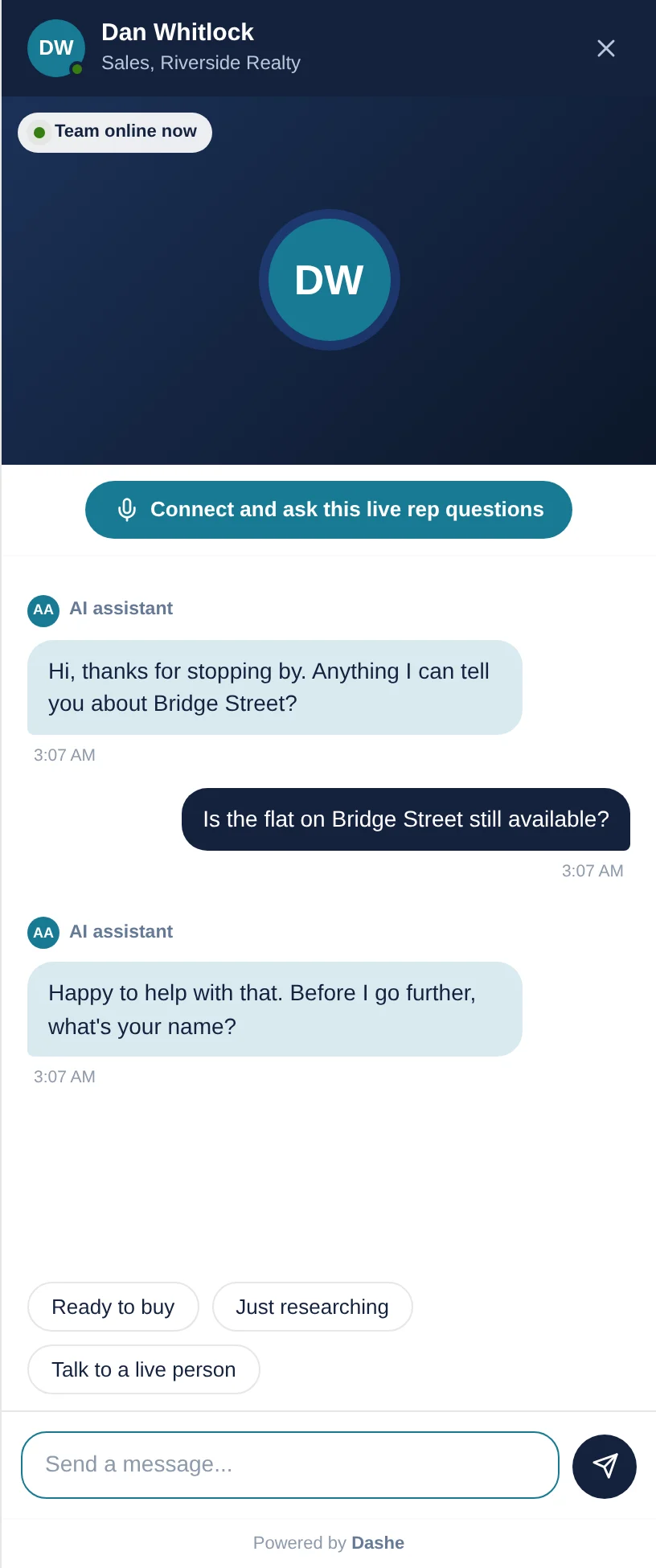 The Dashe assistant asking a website visitor for their name before handing the conversation to a rep