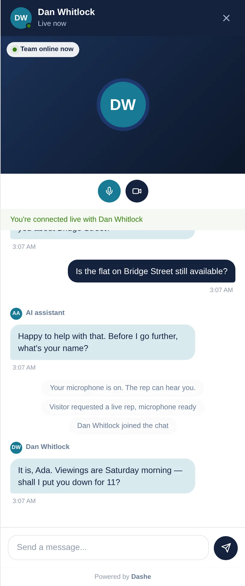 A live Dashe conversation between a website visitor and a named rep, in a panel down the side of the page
